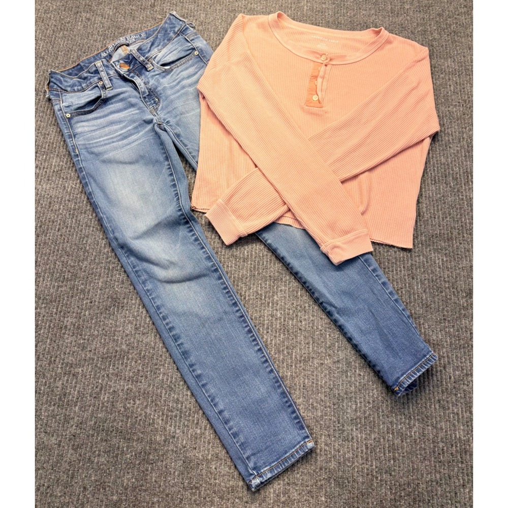 American Eagle Women Peach Waffle Henley & Super Stretch Jegging Ankle Jeans Set